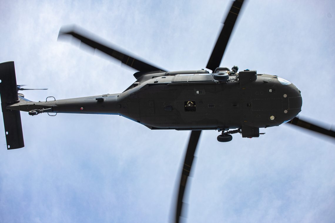 UH-60 Black Hawk helicopter from below as flying overhead.