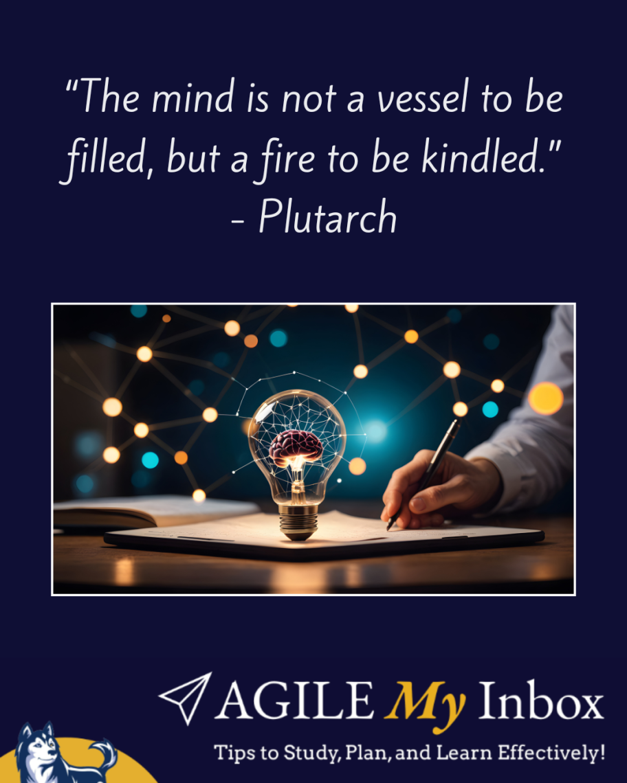 Light bulb with a brain inside sitting on an open notebook next to a student's hand holding a pen