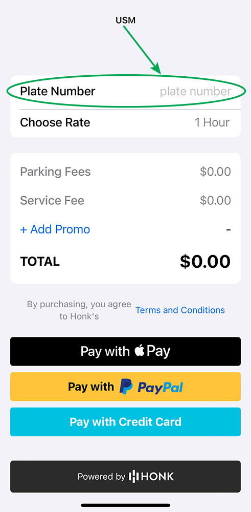 A screenshot of the HONK parking app with the Plate Number field circled.