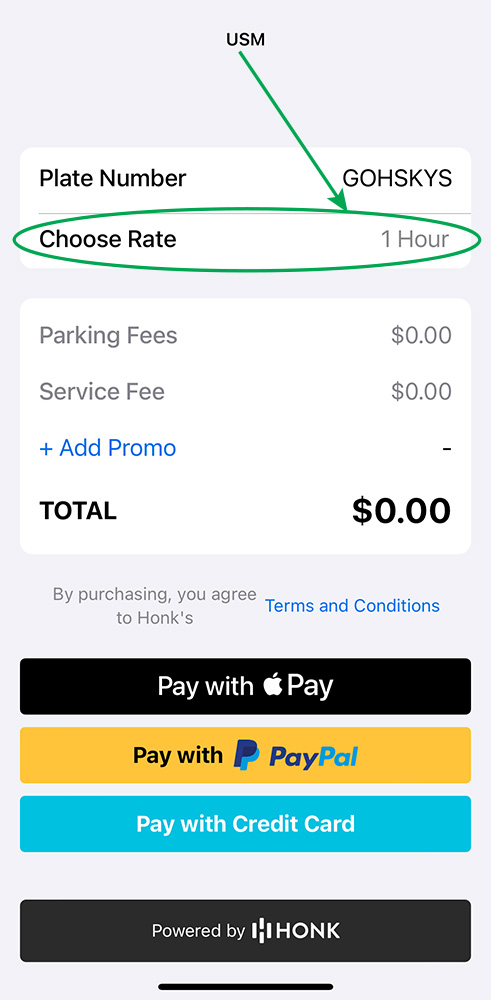 A screenshot of the HONK parking app with the Choose Rate field circled.
