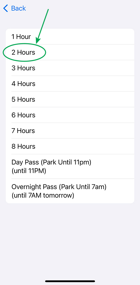 A screenshot of the HONK parking app with 2 Hours circled.