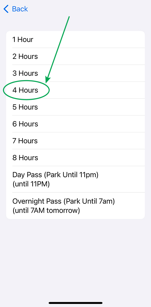 A screenshot of the HONK parking app with 4 Hours circled.