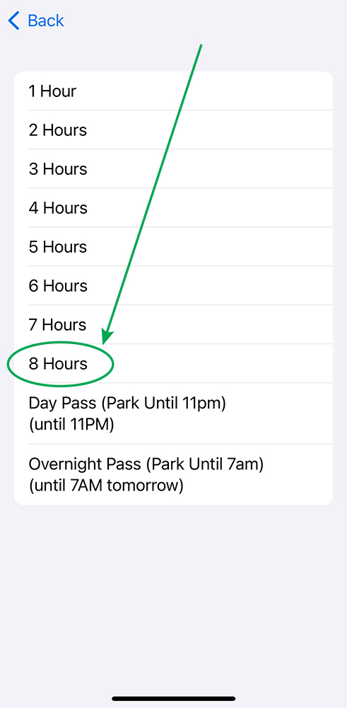 A screenshot of the HONK parking app with 8 Hours circled.