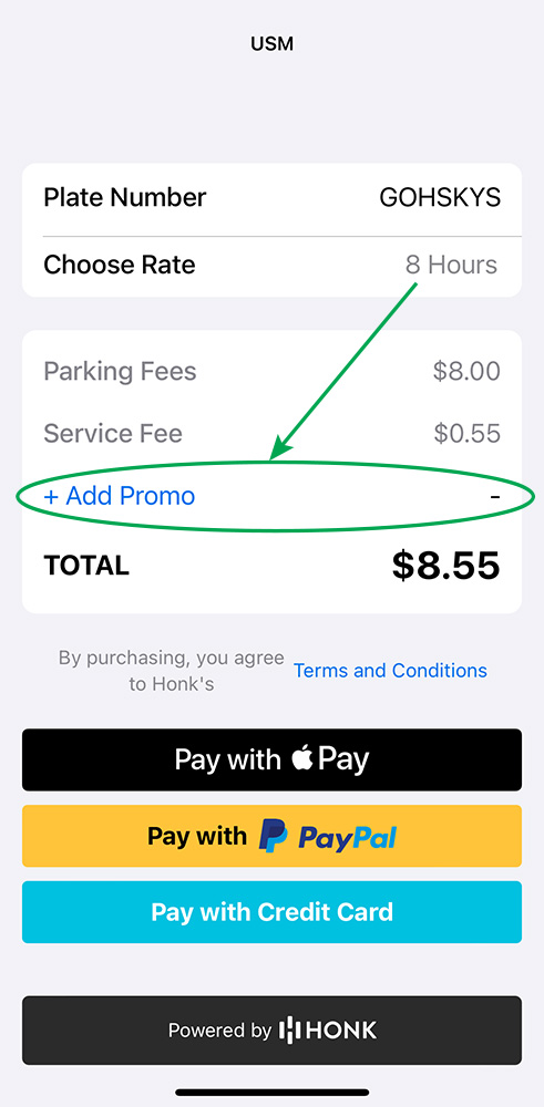 A screenshot of the HONK parking app with 8 Hours selected and the Add Promo field circled.