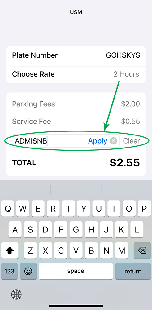 A screenshot of the HONK parking app with 2 Hours selected and the Promo field circled.