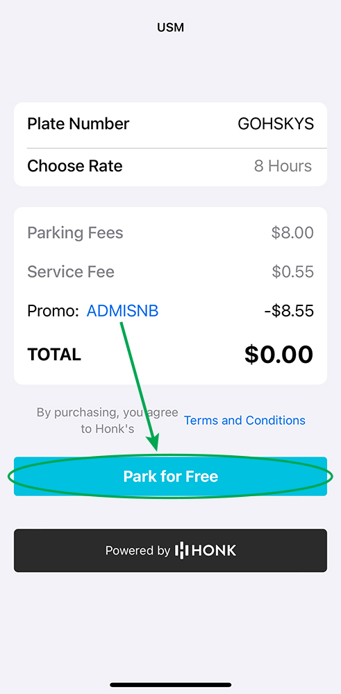 A screenshot of the HONK parking app with 8 Hours selected, the Promo code entered, and the Park for Free button circled.
