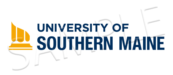 Full color horizontal University of Southern Maine logo watermarked with SAMPLE.