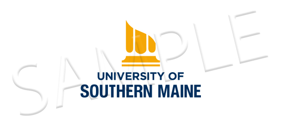 Full color vertical University of Southern Maine logo watermarked with SAMPLE.
