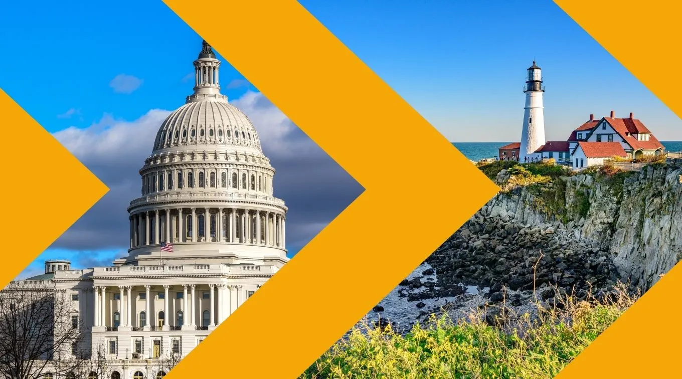 Image of the US Capitol building and Portland Headlight divided by yellow arrow dividers