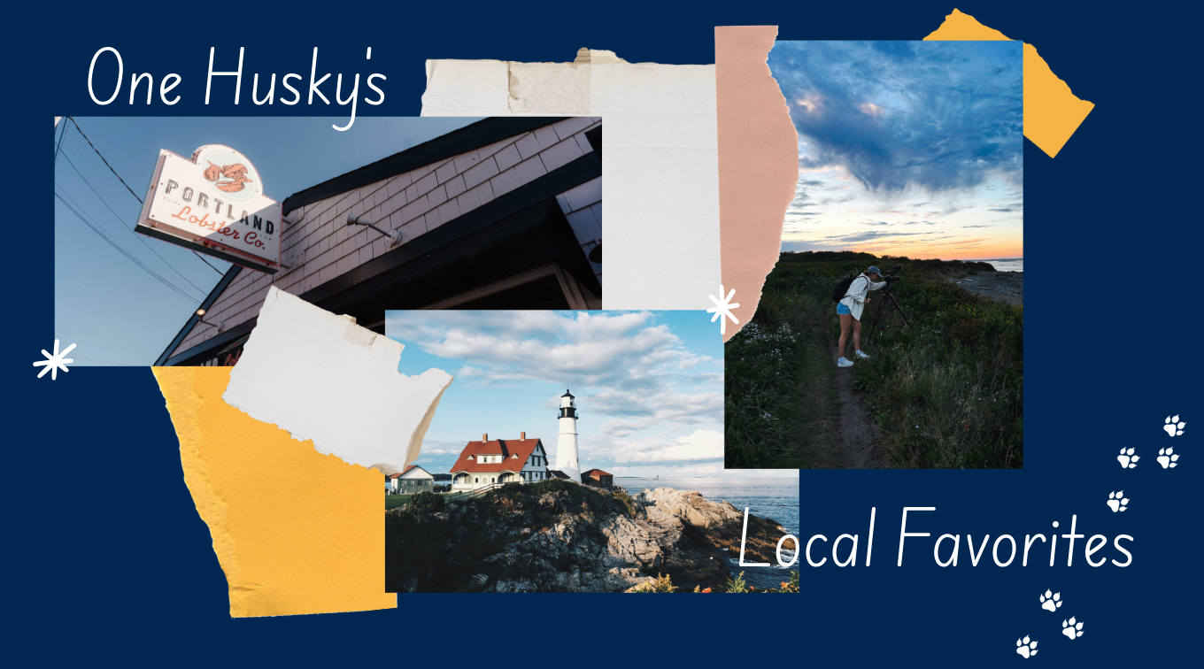 Thumbnail graphic with a blue background and colorful paper scrap overlays featuring three photos: a student photographing the ocean at the beach, the exterior sign for Portland Lobster Co., and Portland Head Light with the ocean in the background. Text reads "One Husky's Local Favorites" with white paw prints in the corner.