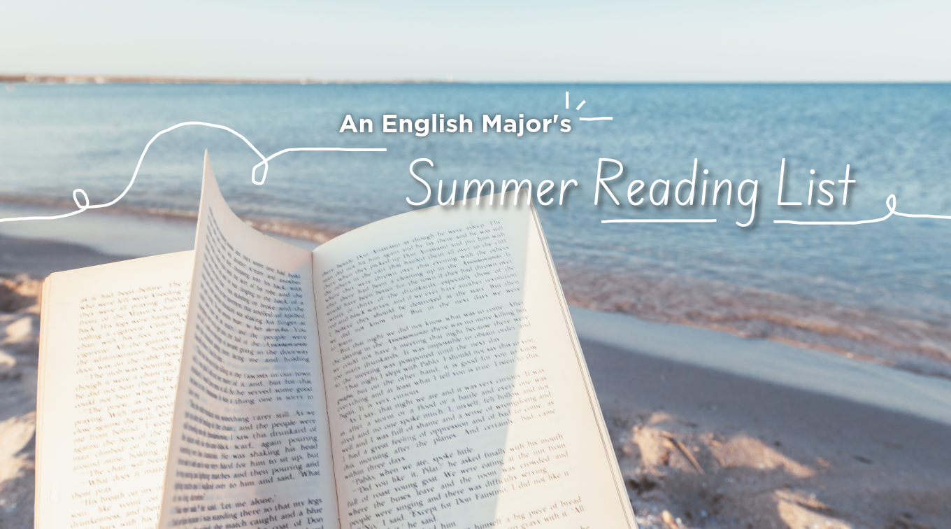 An open book rests on a sandy beach with calm blue water in the background. Text overlay reads "An English Major's Summer Reading List."