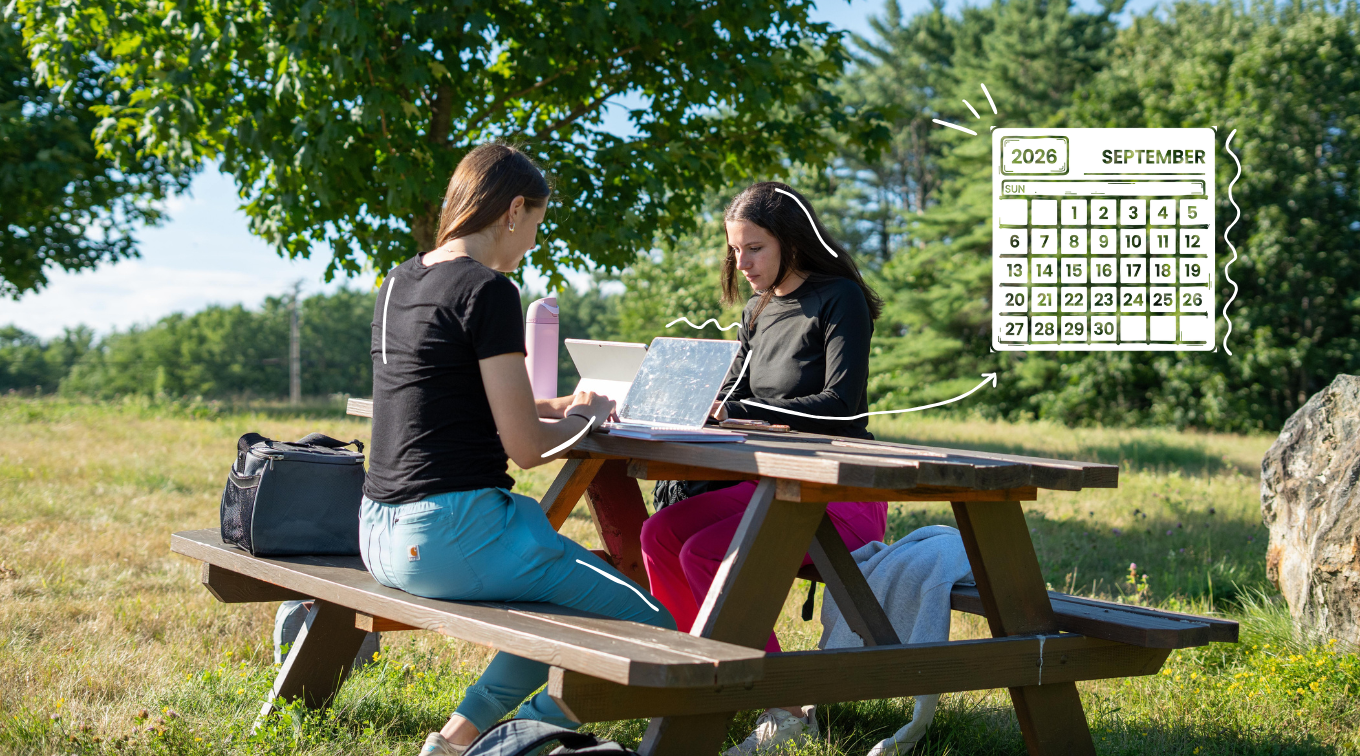 Featured image of two students working on laptops at an outdoor picnic table, with an illustrated September 2026 calendar graphic layered over the scene.