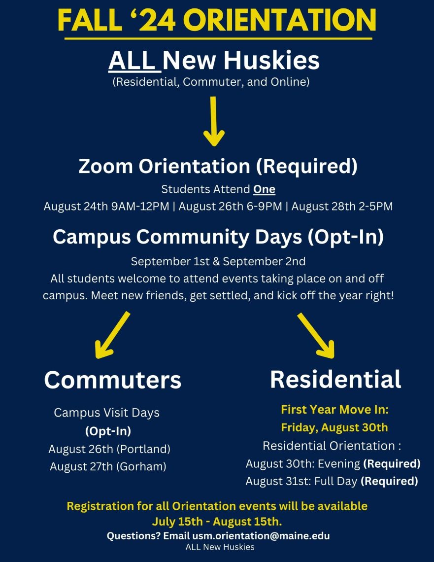 Fall ‘24 Orientation
ALL New Huskies (Residential, Commuter, and Online)

Zoom Orientation (Required):
Students Attend One August 24th 9AM-12PM | August 26th 6-9PM | August 28th 2-5PM

Campus Community Days (Opt-In):
September 1st & September 2nd All students welcome to attend events taking place on and off campus. Meet new friends, get settled, and kick off the year right!

Residential Students:
First Year Move In: Friday, August 30th Residential Orientation : August 30th: Evening (Required) August 31st: Full Day (Required)

Commuter Students:
Campus Visit Days (Opt-In) August 26th (Portland) August 27th (Gorham)
Registration for all Orientation events will be available July 15th - August 15th.

Questions? Email usm.orientation@maine.edu