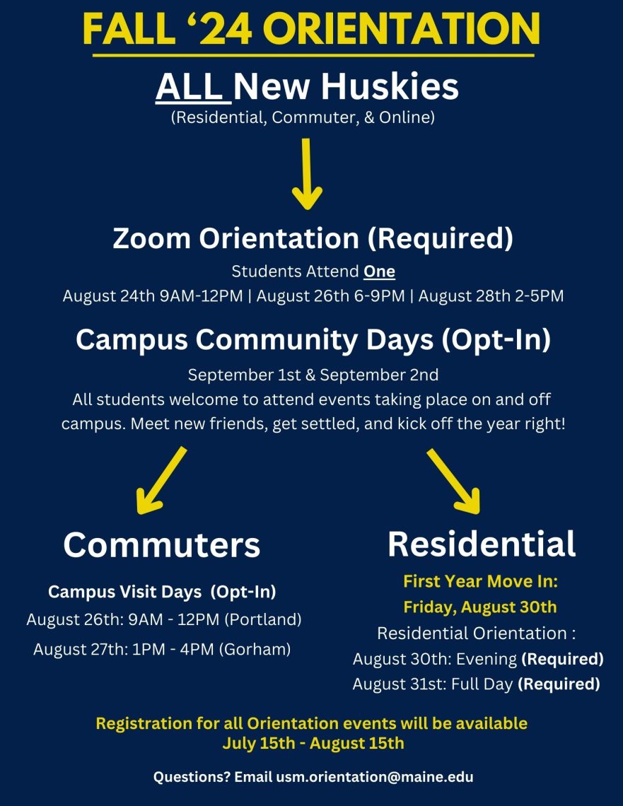 Fall ‘24 Orientation
ALL New Huskies (Residential, Commuter, and Online)

Zoom Orientation (Required):
Students Attend One August 24th 9AM-12PM | August 26th 6-9PM | August 28th 2-5PM

Campus Community Days (Opt-In):
September 1st & September 2nd All students welcome to attend events taking place on and off campus. Meet new friends, get settled, and kick off the year right!

Residential Students:
First Year Move In: Friday, August 30th Residential Orientation : August 30th: Evening (Required) August 31st: Full Day (Required)

Commuter Students:
Campus Visit Days (Opt-In) August 26th 9AM-12PM (in Portland) August 27th 
 1PM-4PM (in Gorham)

Registration for all Orientation events will be available July 15th - August 15th.

Questions? Email usm.orientation@maine.edu