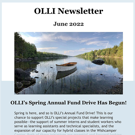OLLI newsletter with a photograph of a boat on a quiet lake