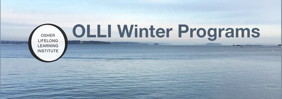 Photo of Casco Bay in December with the OLLI logo and the words OLLI Winter Programs