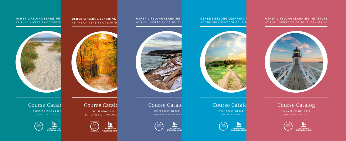 a banner photo showcasing 5 of the course catalog covers from the past few terms