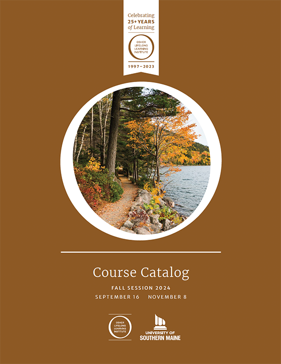 OLLI Brochure cover for Fall 2024, image shows fall leaves on lake shore