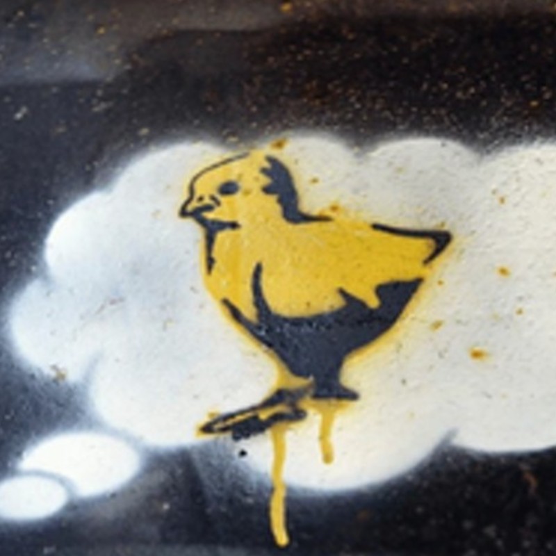 A yellow chick in a thought cloud is spray painted on a wall