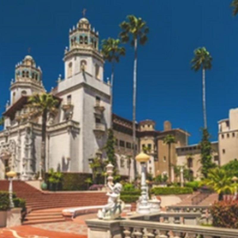 A photograph of palatial stucco building surrounded by palm trees.