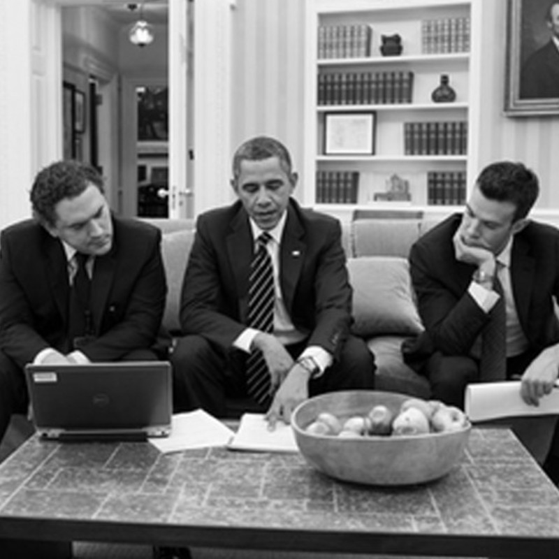 President Barack Obama reviews a speech with his writers