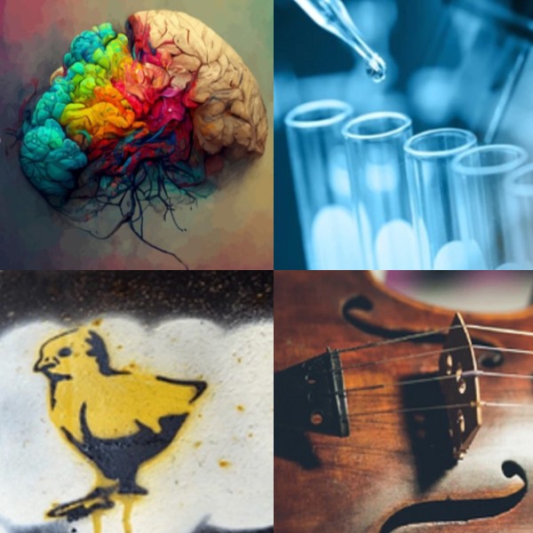 Four pictures associated with Osher Online: a brain, science beakers, street art, and a violin. Click to discover Osher Online national webinars.
