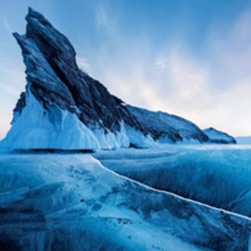 Rock and ice landscape of frozen Siberia