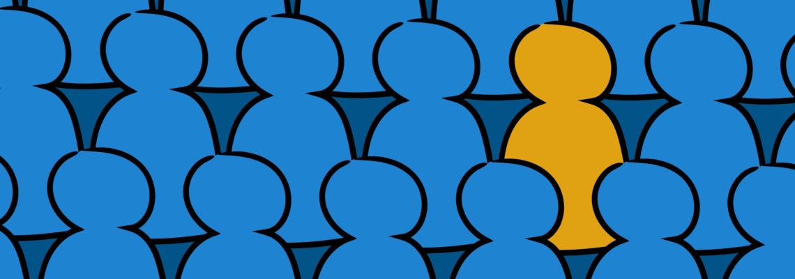 An illustration outlining a crowd of people in blue, with one person in orange.