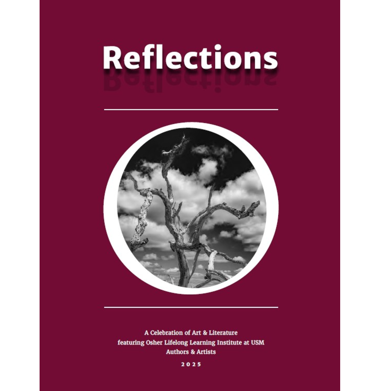 Reflections 2025 cover with a black and white photo of a bare tree in the OLLI circle