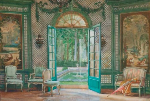 An ornate room with open French doors showing a fountain outside