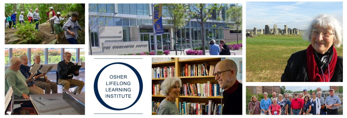 A photo collage of OLLI members attending classes, hiking, and taking part in trips