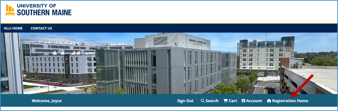 Screenshot of the Registration website banner with the Registration Home button highlighted.