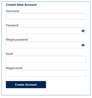 The Create New Account section asking for Username, Password, Retype of password, Email, and Retype of email.