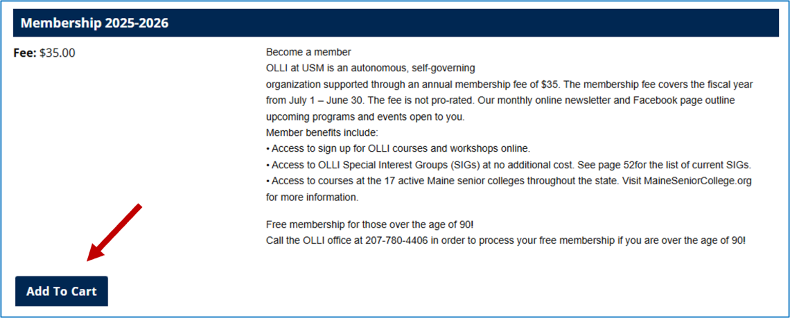 A screenshot of the Membership purchase screen highlighting the Add to Cart button