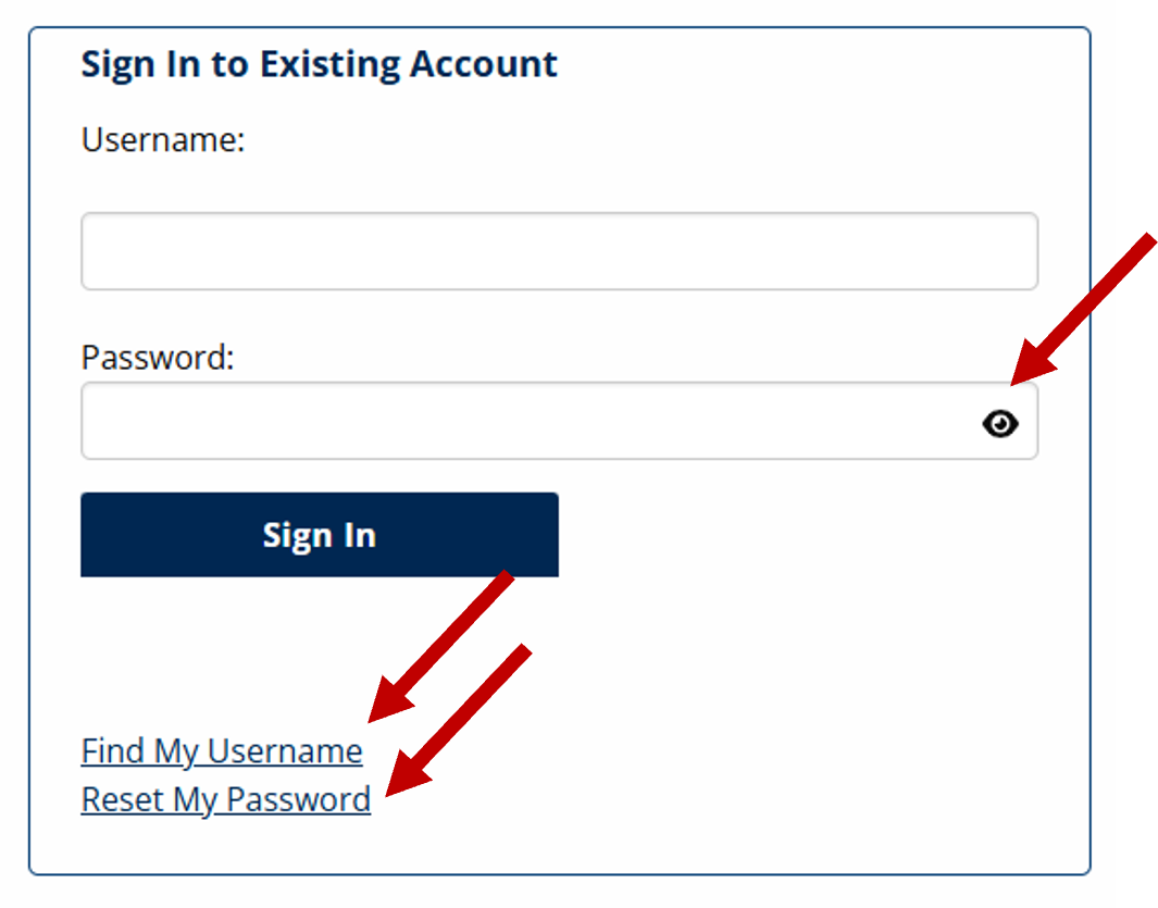 The Sign In to Existing Account section with a place to enter Username and Password.