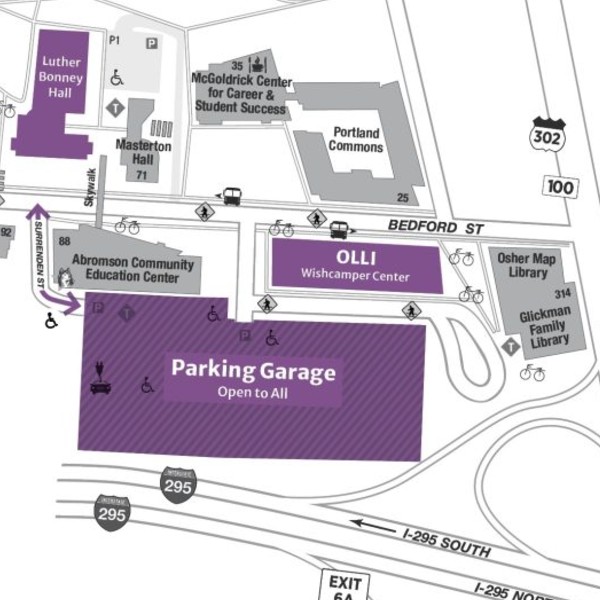 A map of the USM campus with OLLI and parking garages highlighted