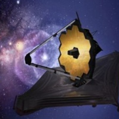 The James Webb Space Telescope with its golden hexagonal mirror and sunshield in front of a backdrop of stars and galaxies.