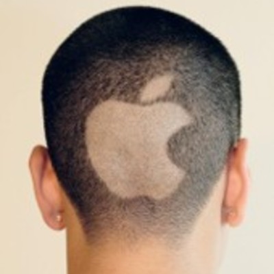 The back of a person's head, with the Apple logo shaved into it. The Cult of Mac.