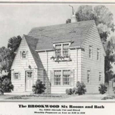 Architectural drawing of the "Brookwood" house, a two-story home surrounded by trees.