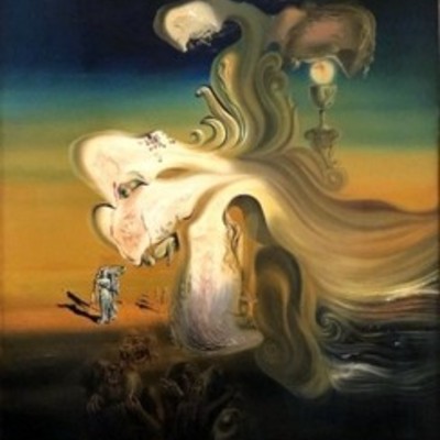 Melting clocks drape over a barren landscape with a distorted face-like form.