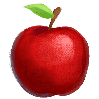 An illustration of a red apple with a stem and leaf
