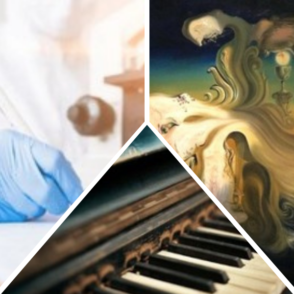 A collection of three photos: a science lab, avant-guard painting, and piano keyboard.