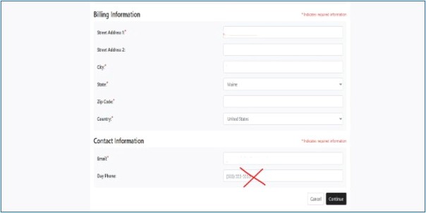A screenshot of the billing information form and required fields.
