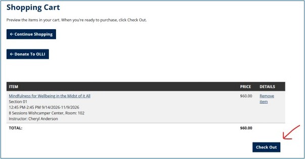 A screenshot of the shopping cart with the Check Out button highlighted.