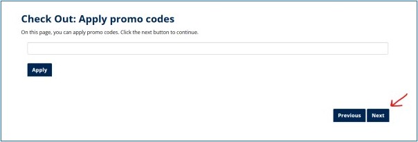 A screenshot of the empty promo code box with an arrow pointing to the Next button.