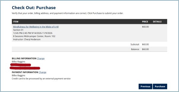 A screenshot of the purchase screen showing cart items and billing information.