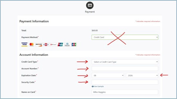 A screenshot of the payment account information fields.
