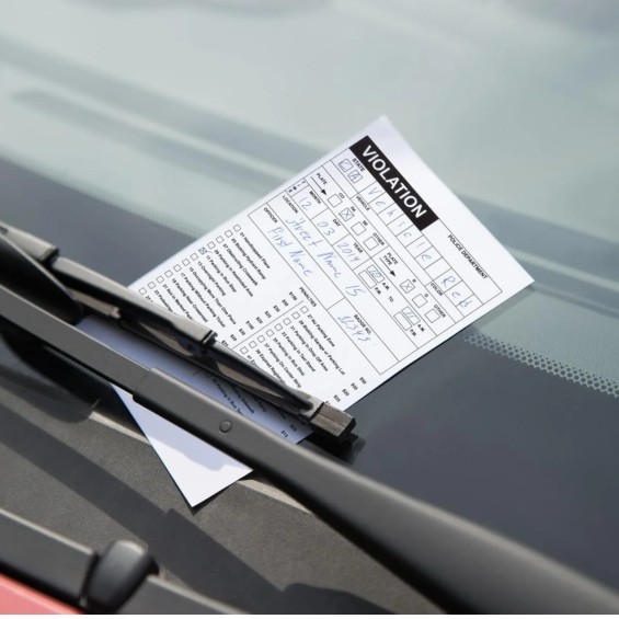 A parking citation on a windshield