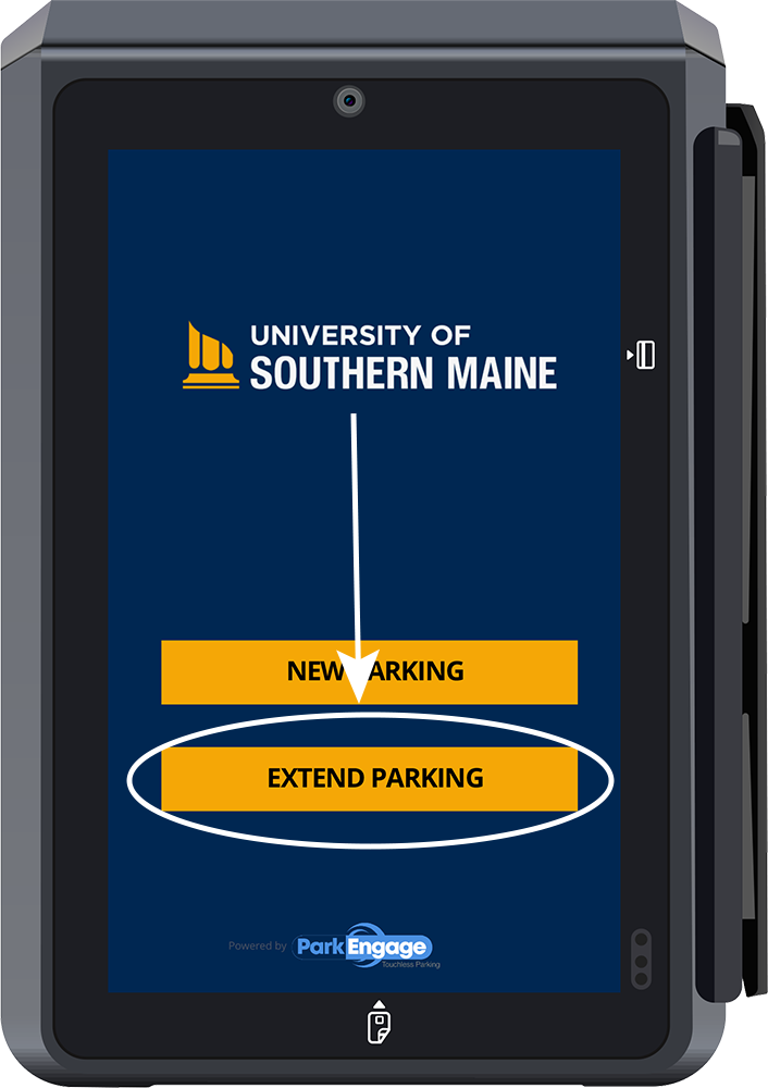 A closeup of a USM ParkEngage paystation terminal with the home screen displayed and the Extend Parking button circled.
