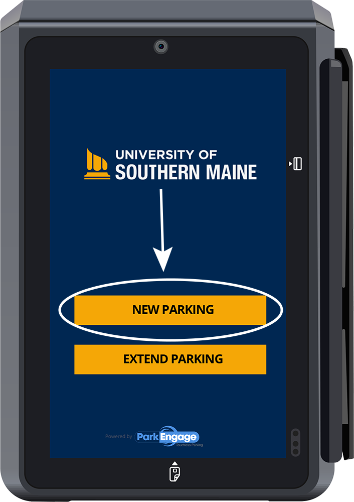 A closeup of a USM ParkEngage paystation terminal with the home screen displayed and the New Parking button circled.